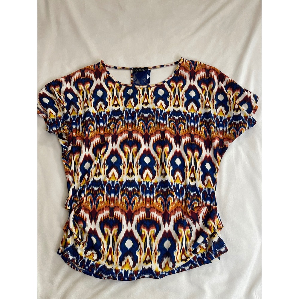 AUW Womens Blue Orange Ikat Print Lace Racerback Cutout Short Sleeve Top Small